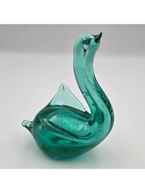 Vintage Teal Blue Art Glass Swan Figurine Hand Blown Murano Style MCM 6 7/8”